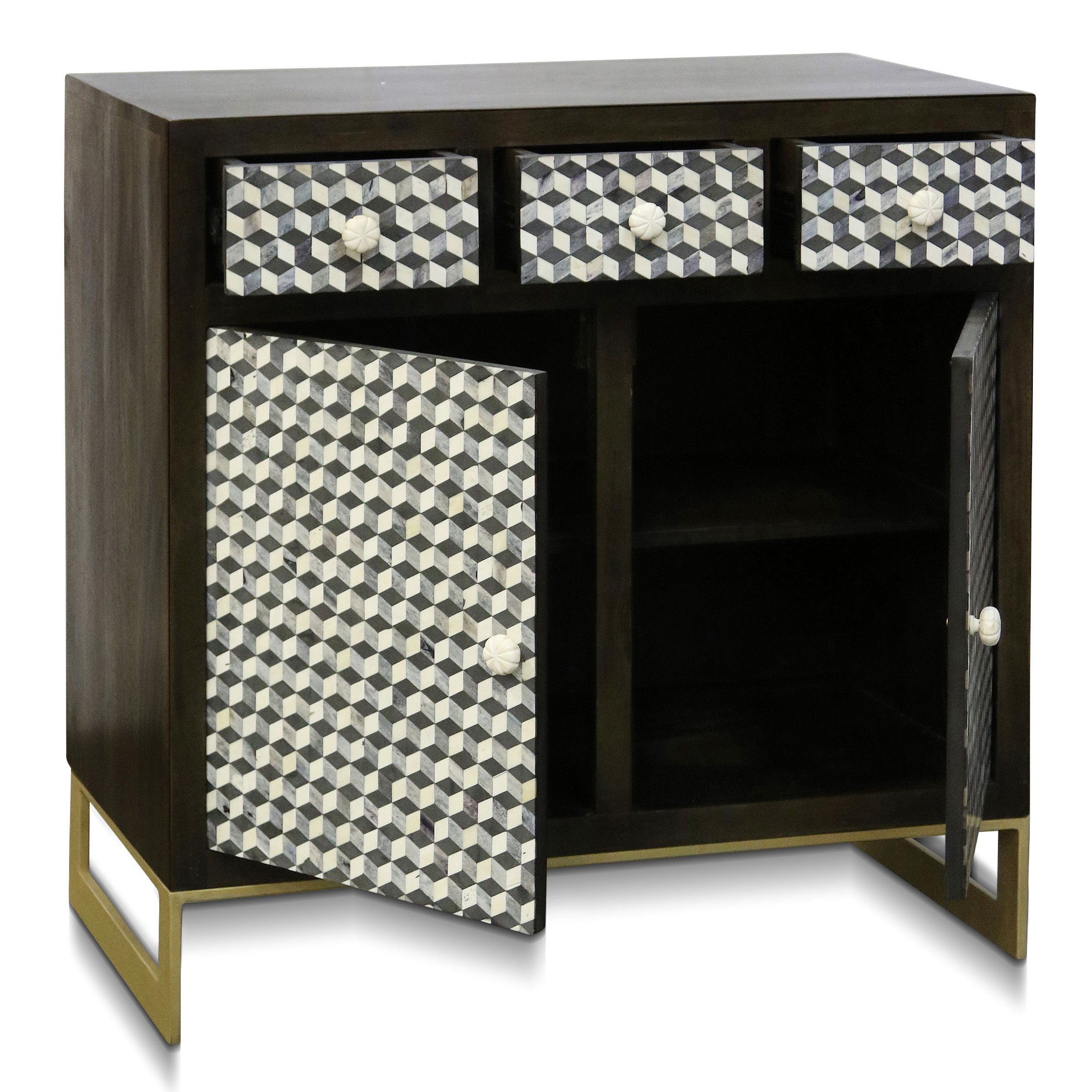 Cameron Cabinet - Chevron Ivory Bone, Antique Gold Metal, Espresso Brown Finish