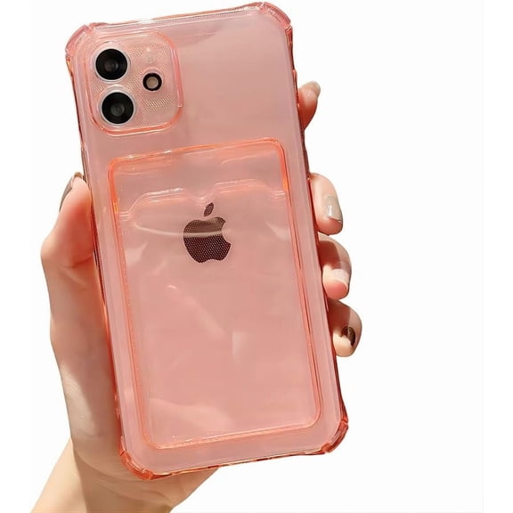 for iPhone Case,Cute 4 Corners Airbag Clear with Card Holder Camera Lens Protection Shockproof Phone Case (Pink,iPhone 11)
