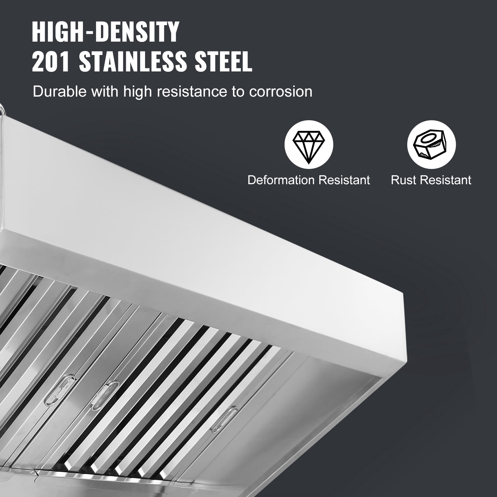 KFFKFF 8FT Range Hood, Stainless Steel Commercial Exhaust Hood, with Rust-Proof Construction and 4 Removable U-shaped Oil Filtration Meshes, Designed for Food Trucks and Concession Trailers