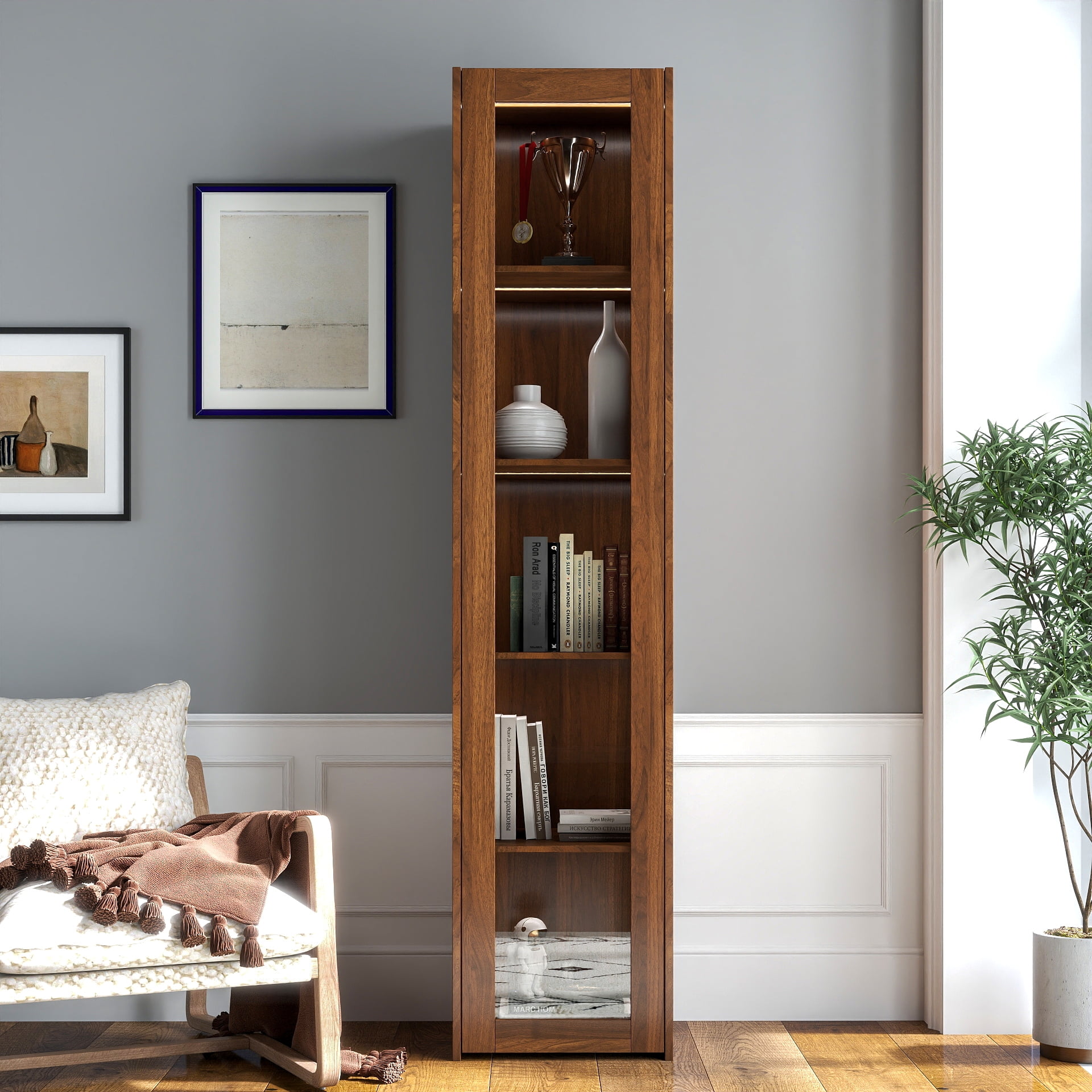 Display Cabinet Curio Storage Cabinet with 5 Shelves LED Lights for Collectibles, Walnut