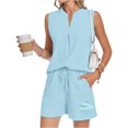 thumbnail image 2 of Stichou Women's Two Piece Sets Linen 2026 Summer Sleeveless V Neck Pleated Shorts Set Matching Sets Women Clothing Light Blue 2XL, 2 of 6