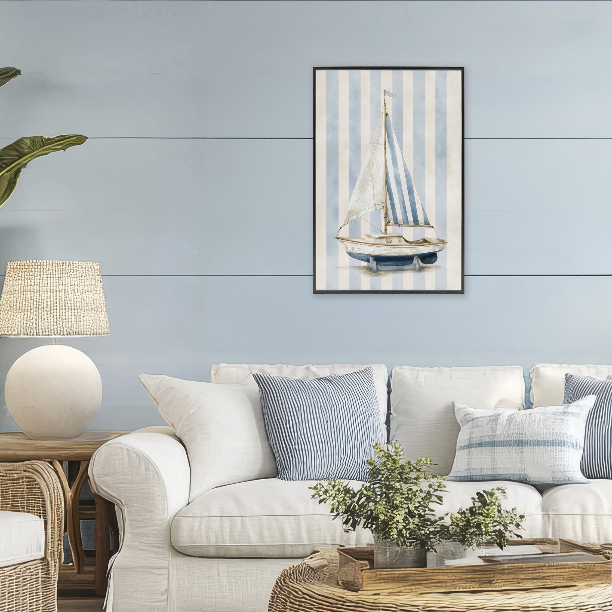 Stupell Industries Seaside Stripes Sailboat Black Framed Giclee Art, design by Petal Prints Design