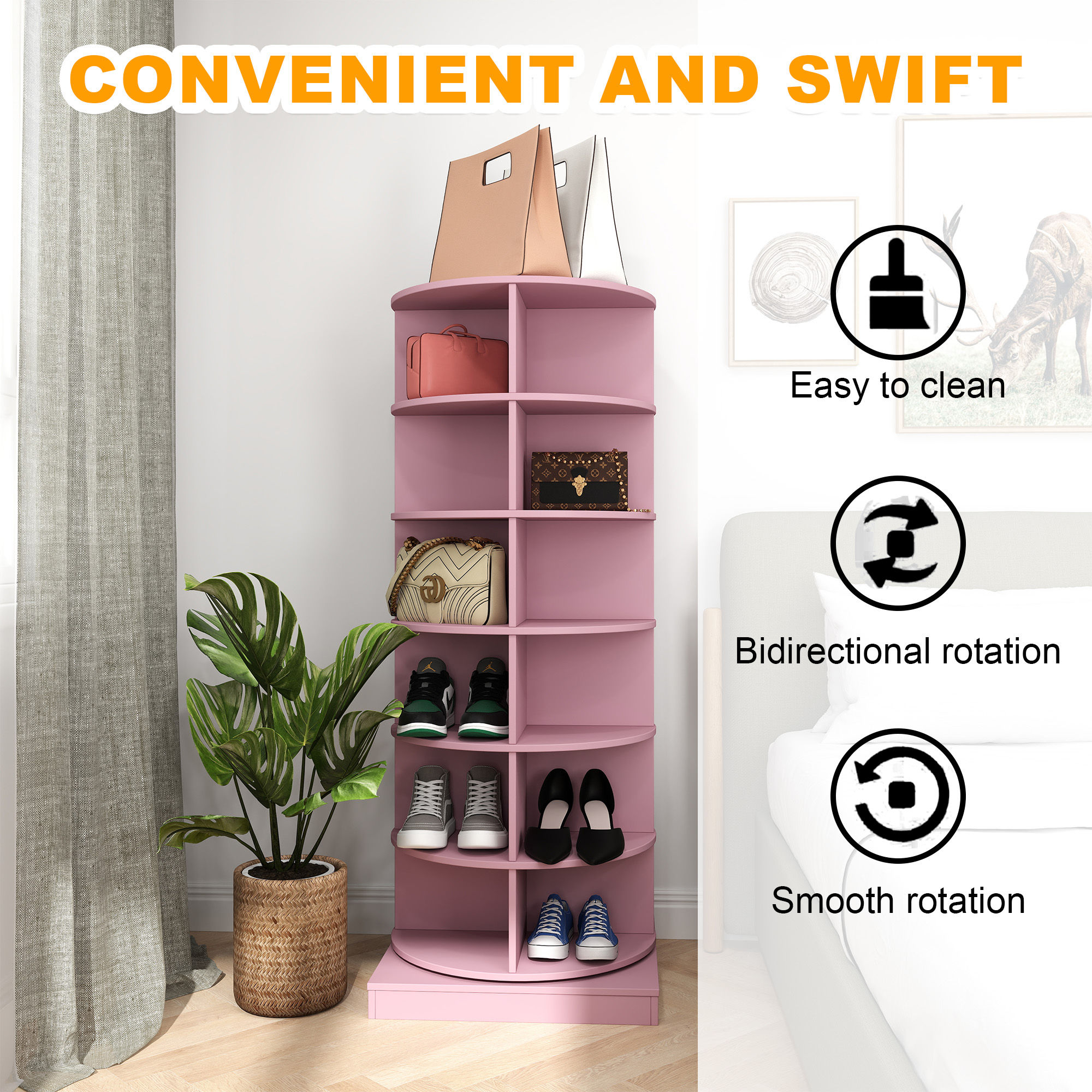 Aukfa 6-Tier Rotating Shoe Rack Storage, 360° Spinning Shoe Organizer Closet, Pink