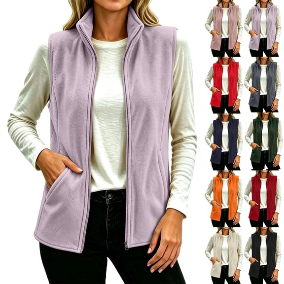 Fleece Vest for Women Full Zip Jacket Sleeveless Stand Collar Warm Fall Winter Outerwear Coat with Pockets (XL, Purple)
