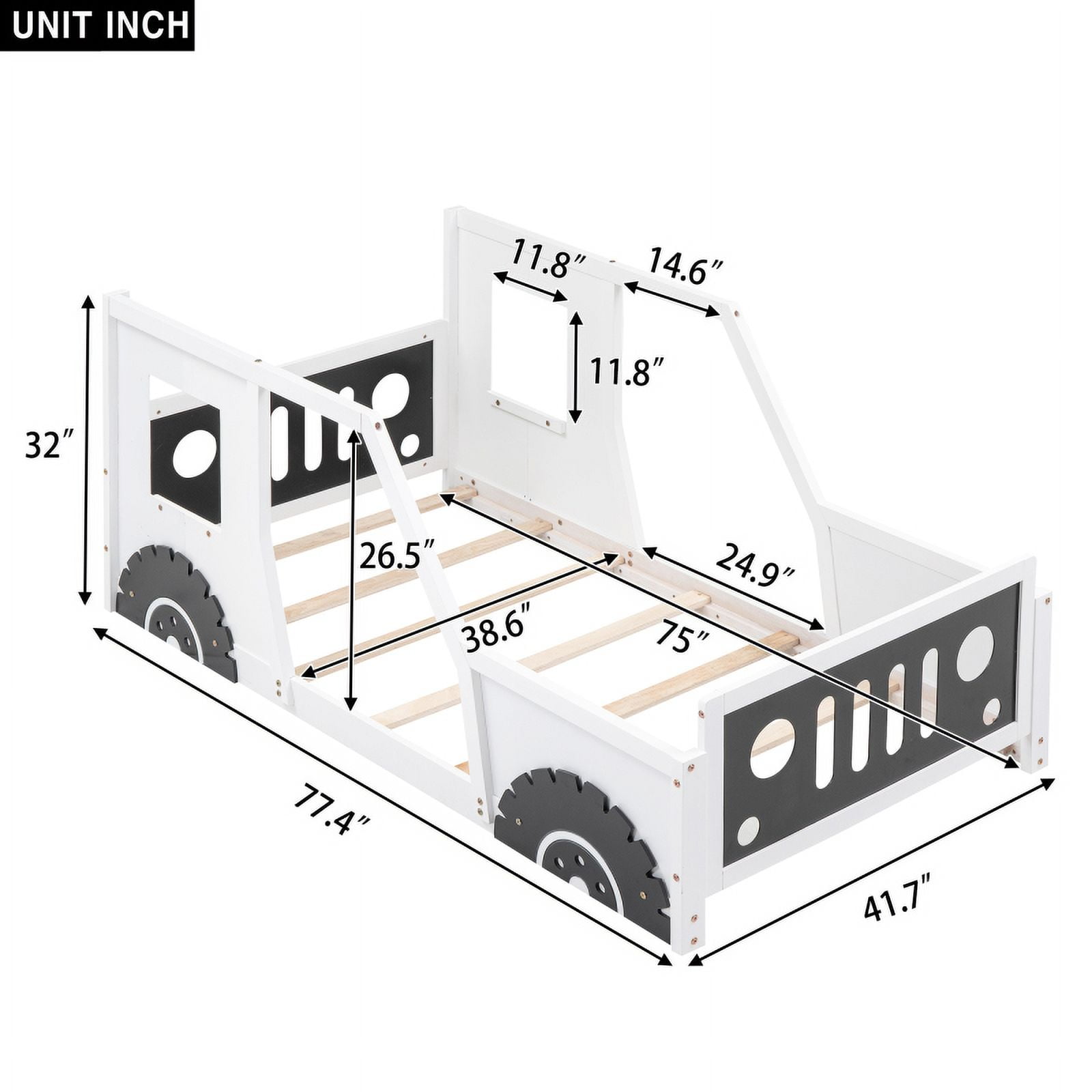 [Luckynote]Twin Size Classic Car-Shaped Platform Bed with Wheels,White