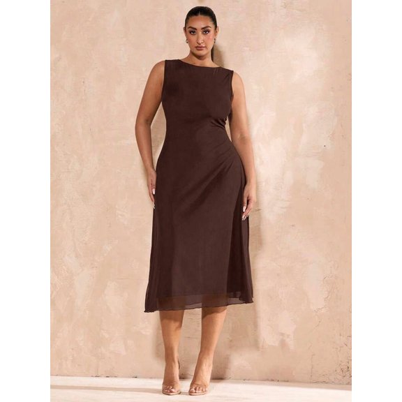 Coffee Brown Plus Size Sleeveless Mid-Length A-Line Bodycon Dress With Ruched Detail