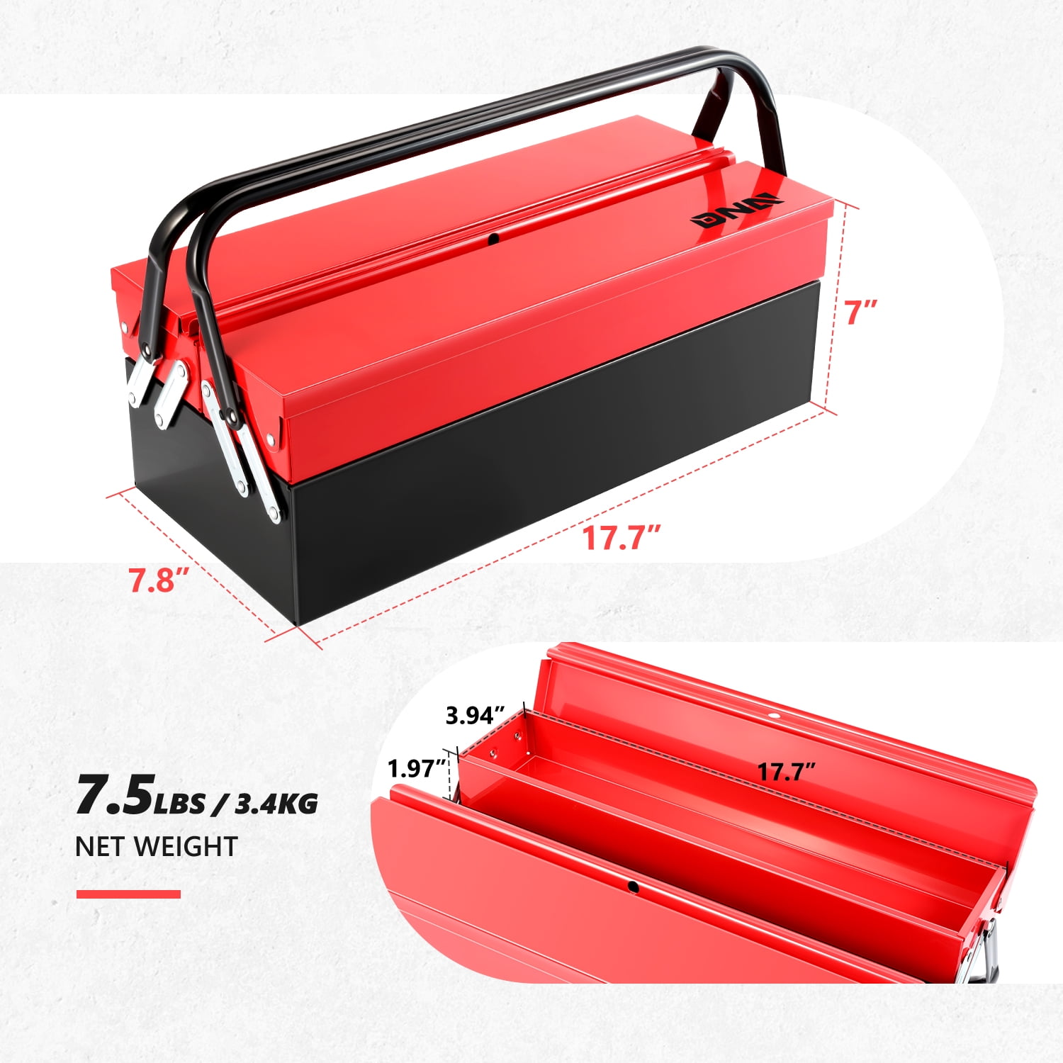 DNA Motoring TOOLS-00410 Red 18" 2 Level Multi-Function Foldable Repair Tool Box Storage With Lock Hole + Drawers + Handle