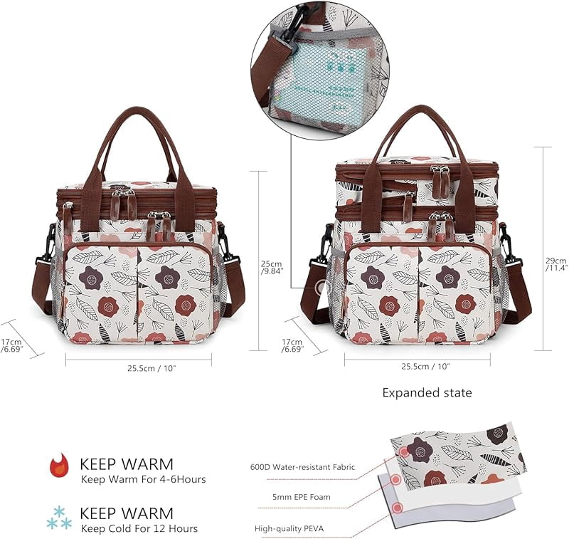Lunch Bag Insulated Expandable Lunch Box for Women - Reusable Adults Floral Lunch Tote Bag Lunch Box for Office Work Picnic (Yellow Flower)
