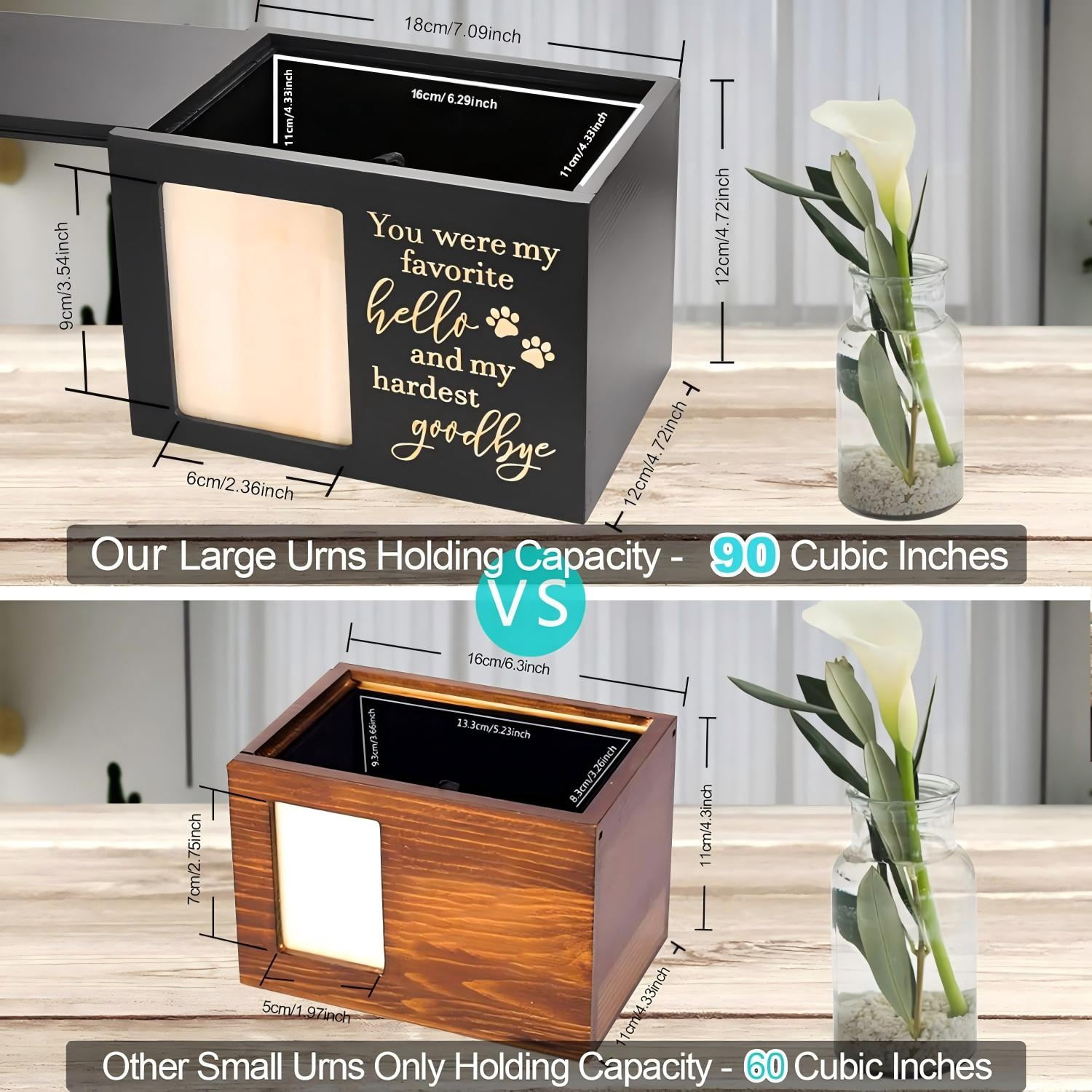 Pet Memorial Urn, Large Wooden Cremation Urn with Photo Frame, Keepsake Memory Box for Dog and Cat Ashes, Black Flannel Lining