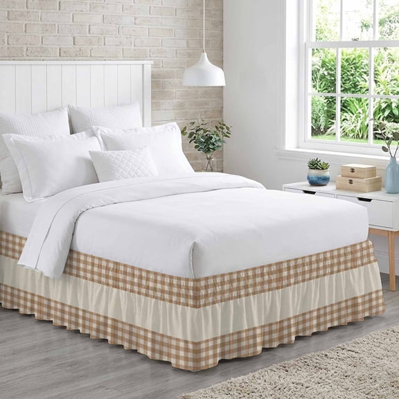 Brown Plaid Bed Skirt King Size 18 Inch Drop, Retro Country Brown Plaid Linen Texture Adjustable Elastic Dust Ruffles Bedskirt for King Bed Wrap Around Pleated Mattress Frame Cover