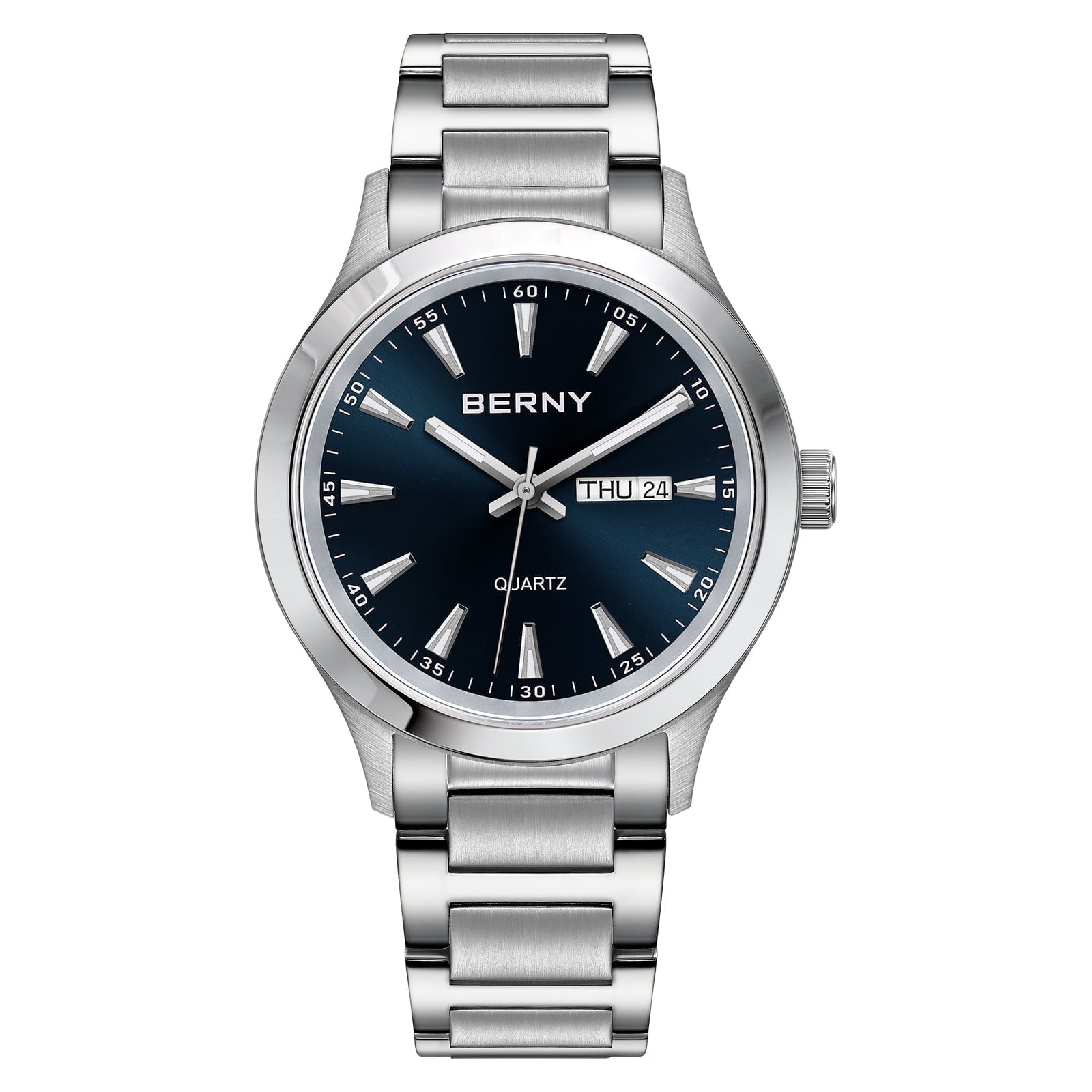 BERNY Quartz Watch for Men, Fashion Sports Wrist Watches with Solid Stainlesss Steel Case & Band, Date & Day Calendar, Casual Waterproof Men's Watches, Blue