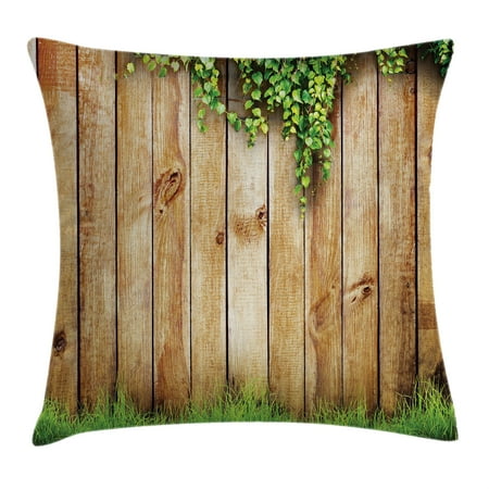 Garden Old Photo - Rustic Home Decor Throw Pillow Cushion Cover, Fresh Spring Grass and Leaf Plant over Old Wood Fence Garden Field Photo, Decorative Square Accent Pillow Case, 18 X 18 Inches, Green Brown, by Ambesonne