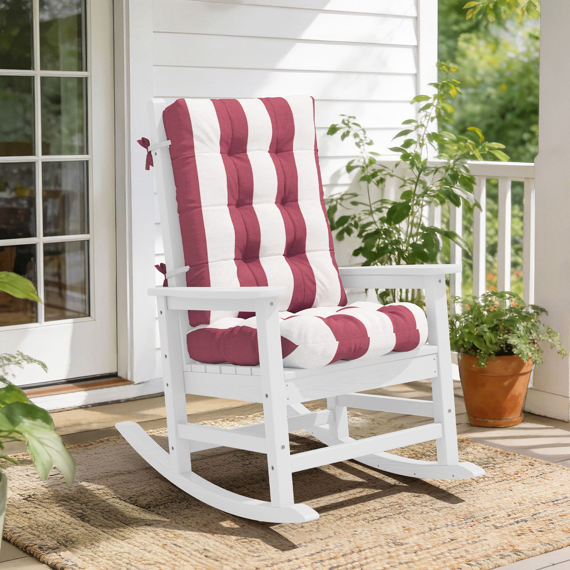 FUNDAZE Outdoor Chair Cushion, 47"L x 19.9"W 1 Piece Cushion W/ Ties for Indoor Outdoor Rocking Chairs, Red & White