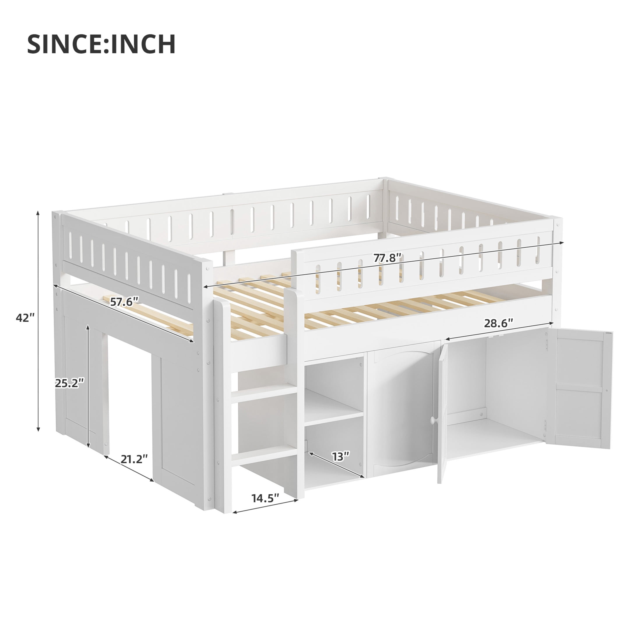 Noble House Blanche Full Loft Bed, Creative Chalkboard Panel and Double Door Storage Cabinet, Solid Wood Frame, White