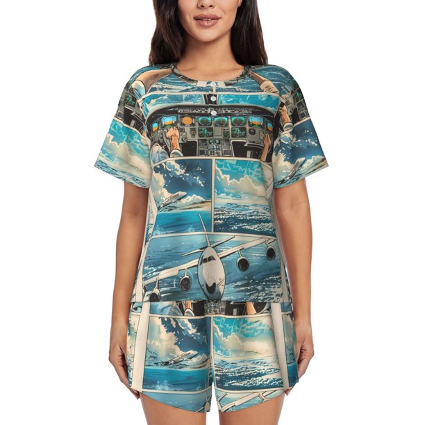 Fotbe Comic Airplane Cockpit Illustration Conjunto de Pijama Estampado para Mujer, 2 Piezas, Ropa de Dormir con Camiseta de Manga Corta y Shorts Suaves-3X-Large