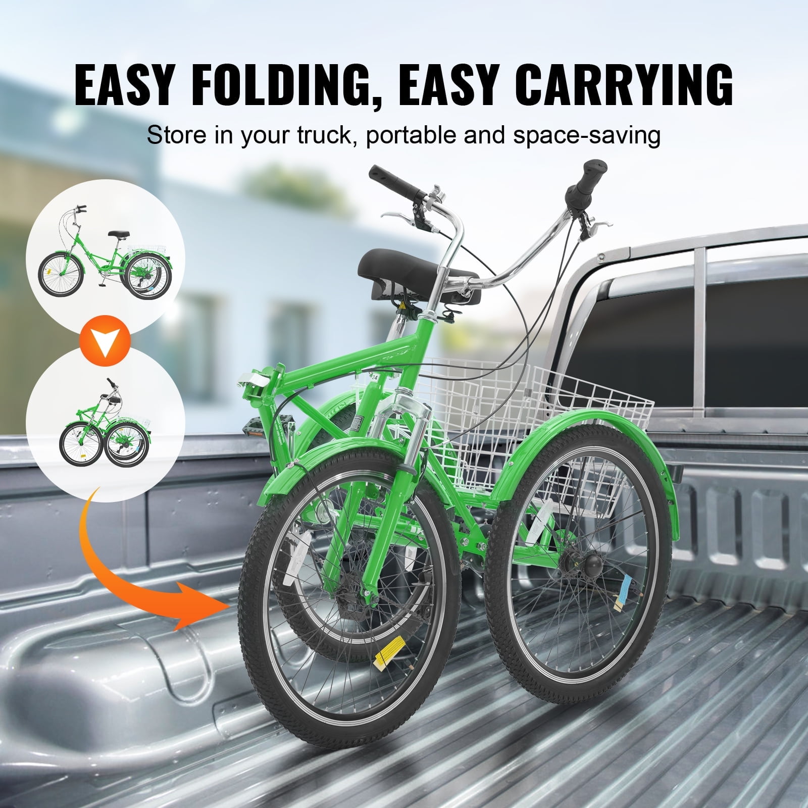 SKYSHALO Green Carbon Steel 24" 7 Speed Folding Tricycle with Basket