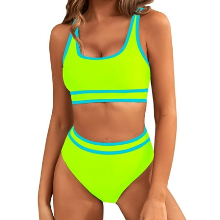 BUIgtTklOP Women s High Waisted Bikini Sets Sporty Two Piece Swimsuits Color Block Cheeky High Cut Bathing Suits