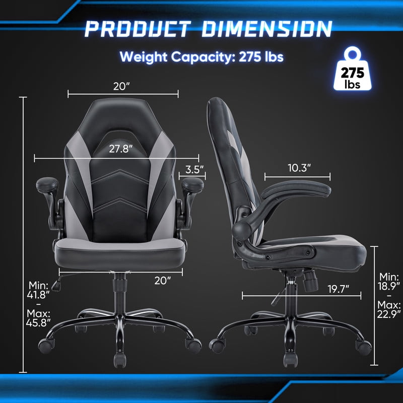 Gianna Ergonomic Computer Gaming Chair with Flip-up Armrest, Height Adjustable PU Leather Home Office Desk Chair with Lumbar Support Swivel Wheels and for Adults，Black Gray