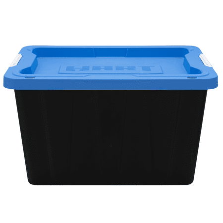 HART 12 Gallon Latching Plastic Storage Bin Container, Black with Blue Lid, Set of 4