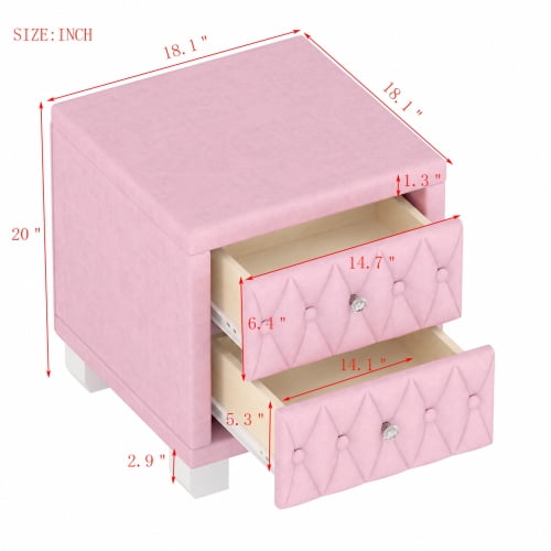 Elegant Velvet Nightstand with 2 Drawers and Crystal Knobs, Button-Tufted Storage Bedside Table, Pink