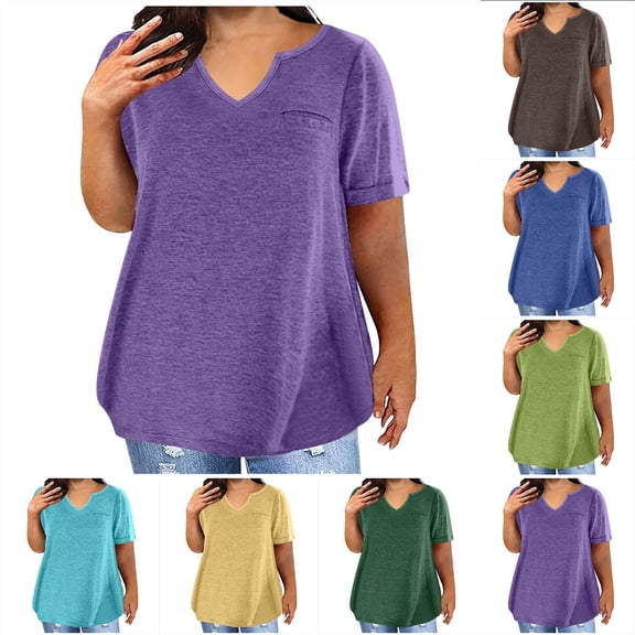 Swuxness Women Short Sleeve Plus Size T Shirts, Spring and Summer Casual Tops, Ladies V-Neck Solid Color Comfortable Fashion Loose Pullover Tee Green, XL