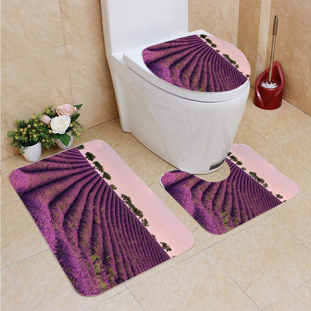 PUDMAD Lavender Field in French Provence Nature 3 Piece Bathroom Rugs