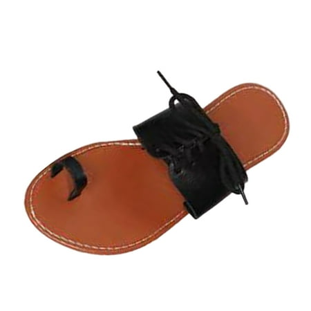 OJSFQUFP Womens Summer Slippers Ladies Fashion Summer Leather Cover Toe Flat Bottom Lace Up Beach Slippers Soft Sole Outdoor Beach Shoes Soft Slippers Black 40