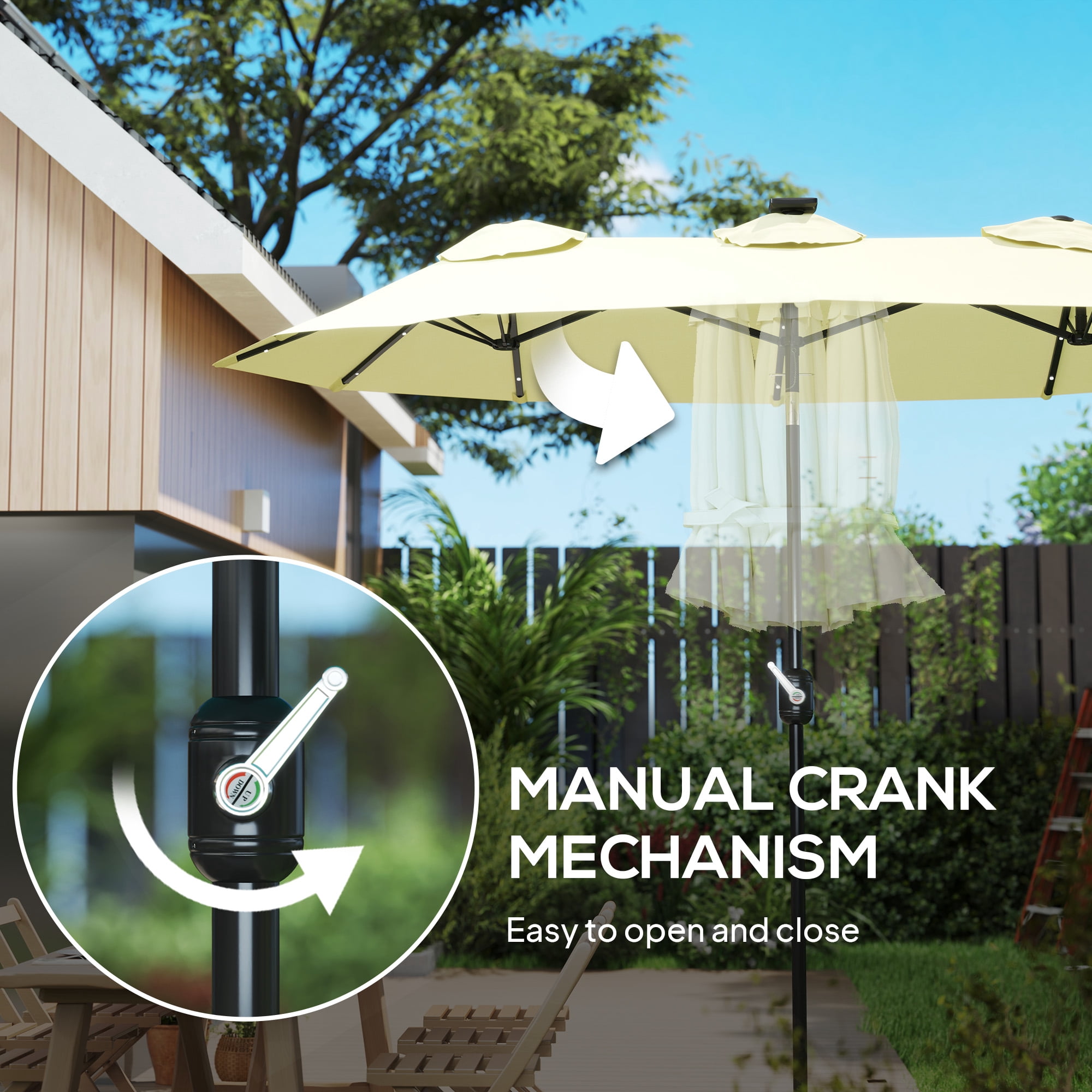 Outsunny 9.7' Double-sided Patio Umbrella with LED Solar Light, Tilt and Crank, Outdoor Umbrella, Cream White