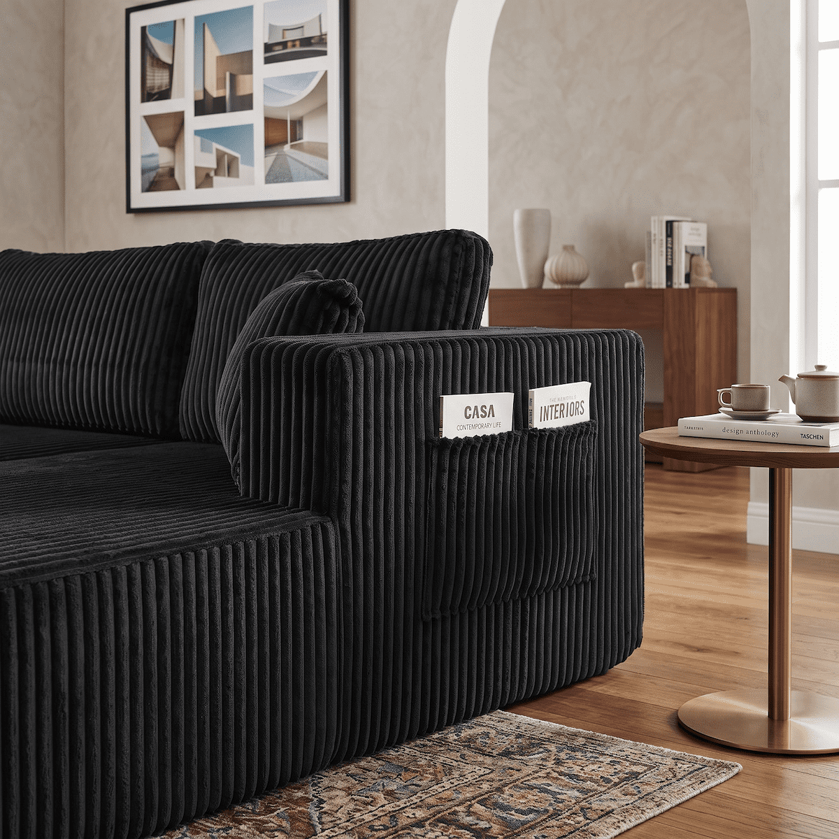 132" Cloud Couch Modular Sectional Sofa, U Shaped Sleeper Sofa Bed, Oversized Chaise, Reversible Corduroy Modular Couch for Living Room, Apartment, No Assembly (Black)