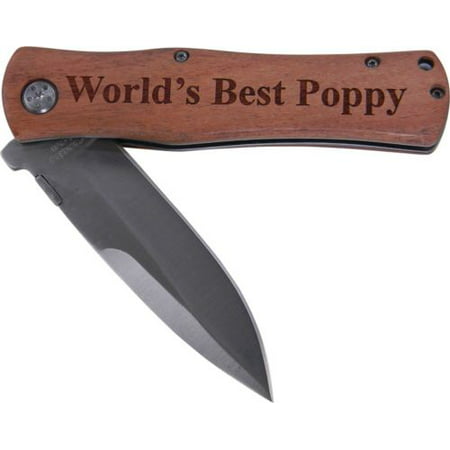 World's Best Poppy Folding Pocket Stainless Steel Knife with Clip, (Wood