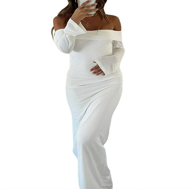PENGXIANG Women's Off Shoulder Bodycon Dress Long Sleeve Solid