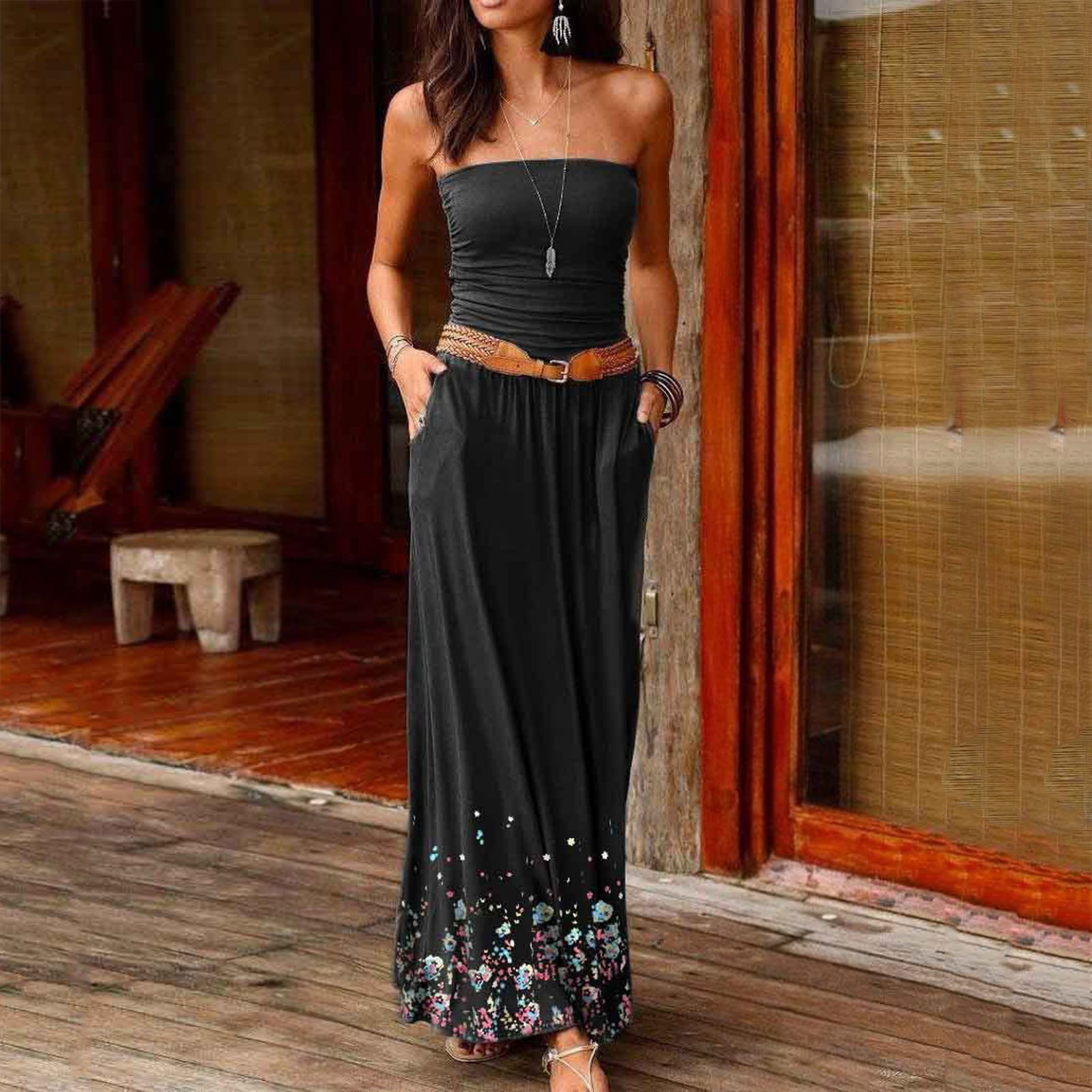 Women's Summer Sexy Loose Casual Sleeveless Printing Strapless Breast Wrap  Floor-Length A-line Maxi Dress 