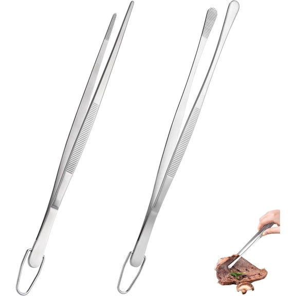 12" Kitchen Cooking Tweezer Set: 18/8 Stainless Steel Food-Grade Metal Food Tong, Flexible Pinching, Seamless-Welding, Sturdy and Non-Slip for Serving, Grilling, Frying (Round & Pointed Tip)