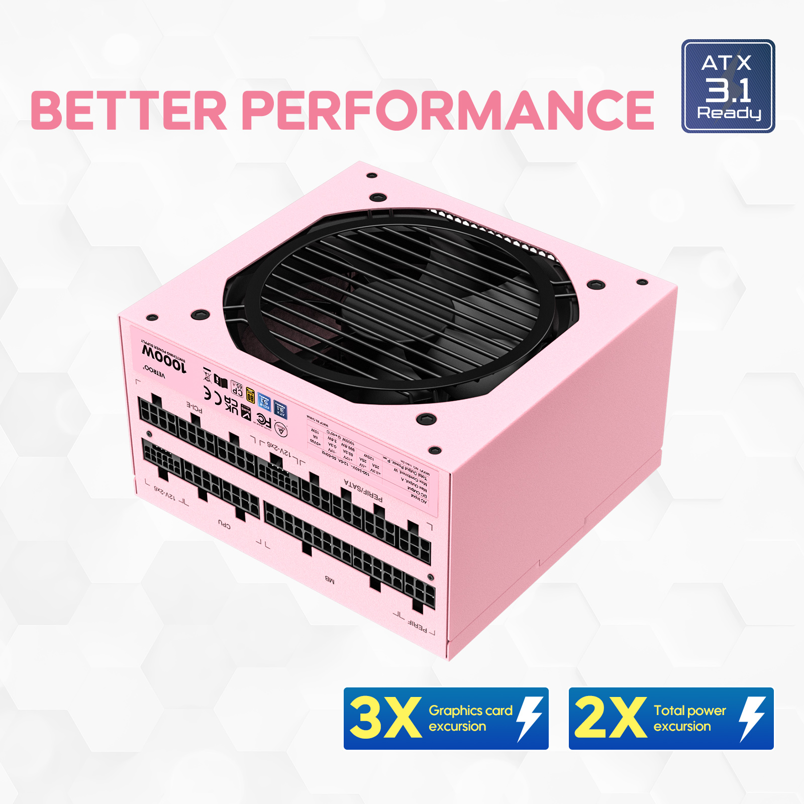 Vetroo 1000W Pink Power Supply ATX 3.1 Ready Dual PCIe 5.1, 80 Plus Gold Full Modular, Japanese 105°C Capacitors, Eco Mode with 120mm FDB Fan, Compact Size, 10 Year After-Sales Service