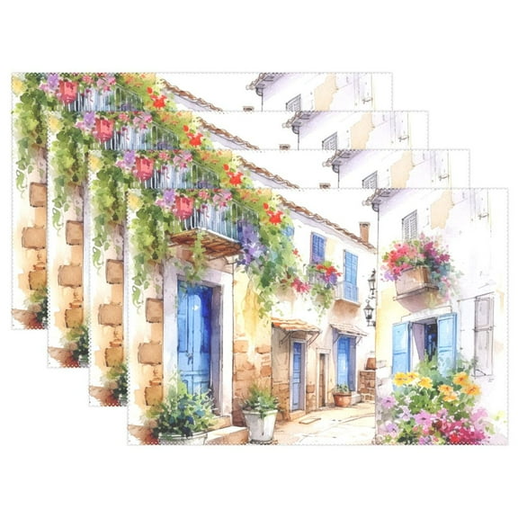 Painting Houses Flowers 12×18 inch Placemats Heat Resistant Washable Foldable Rectangular Placemats Set Decoration Indoor Outdoor for Kitchen Dining Table 1PC