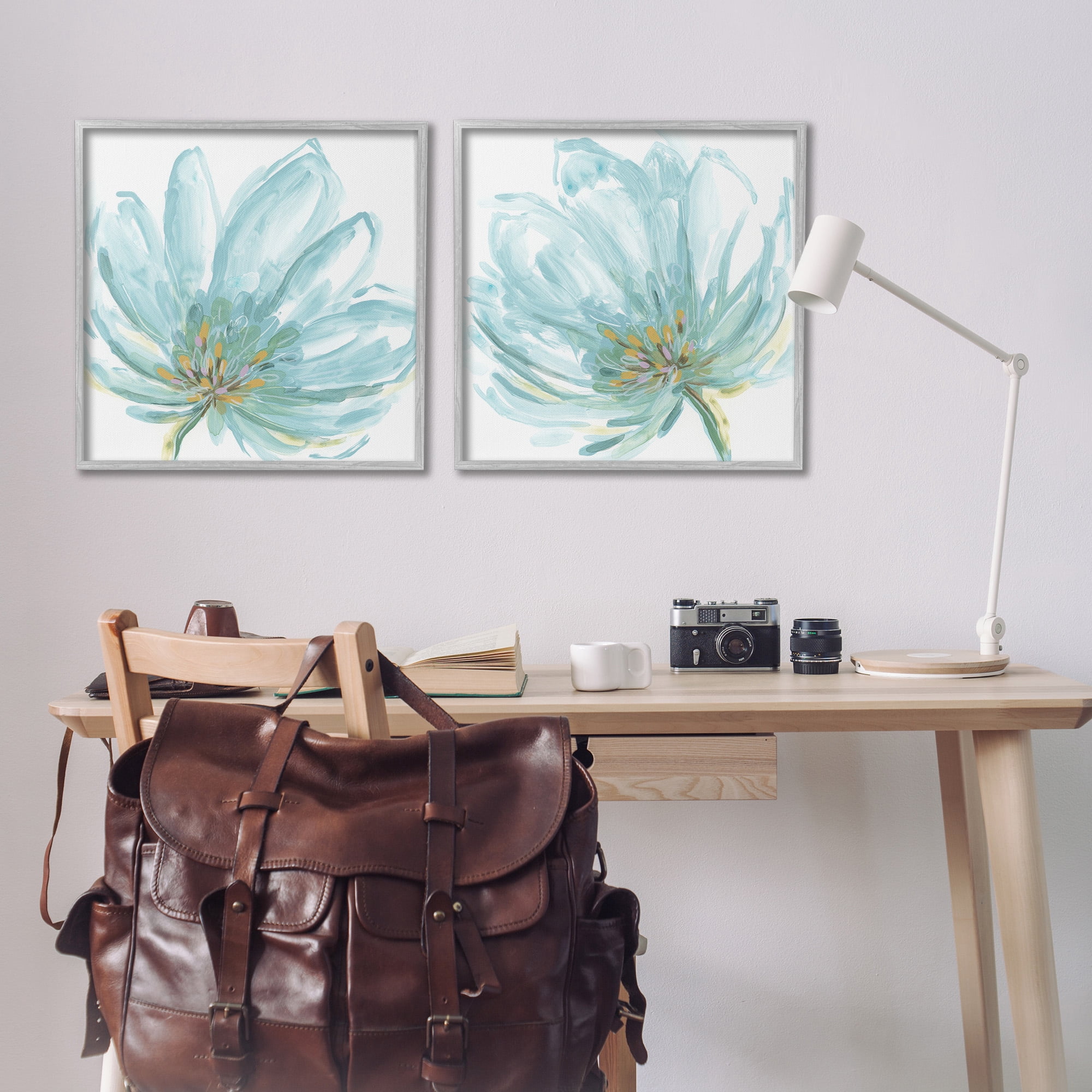 Stupell Industries Blue Blossoms on White Botanical & Floral Painting Gray Framed Art Print Wall Art, 24 x 24, Set of 2