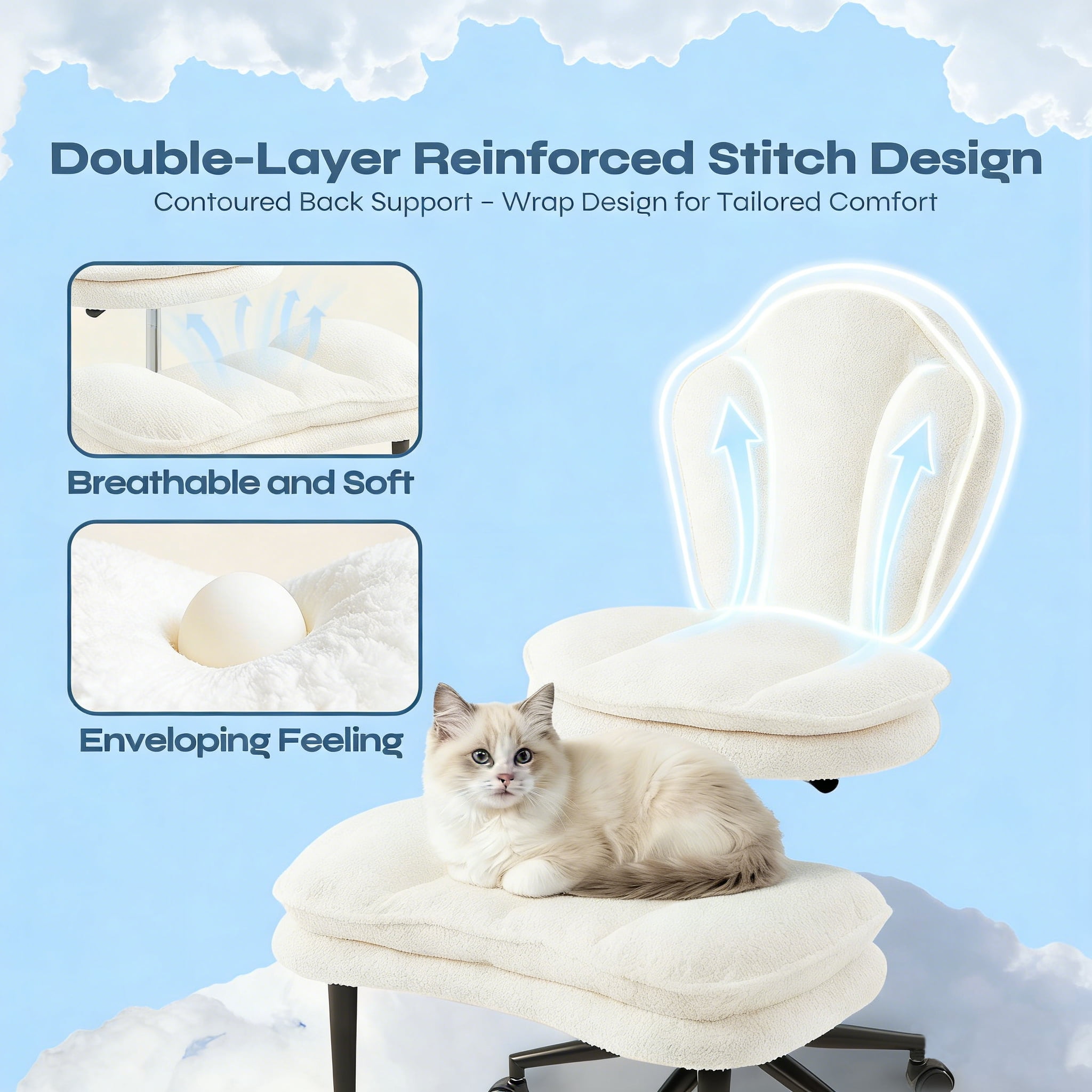 Pinmoco Cross Legged Office Chair, White Boucle Ergonomic Criss Cross Swivel Desk Chair, Heavy Duty Wide Seat for Meditation & ADHD, Armless