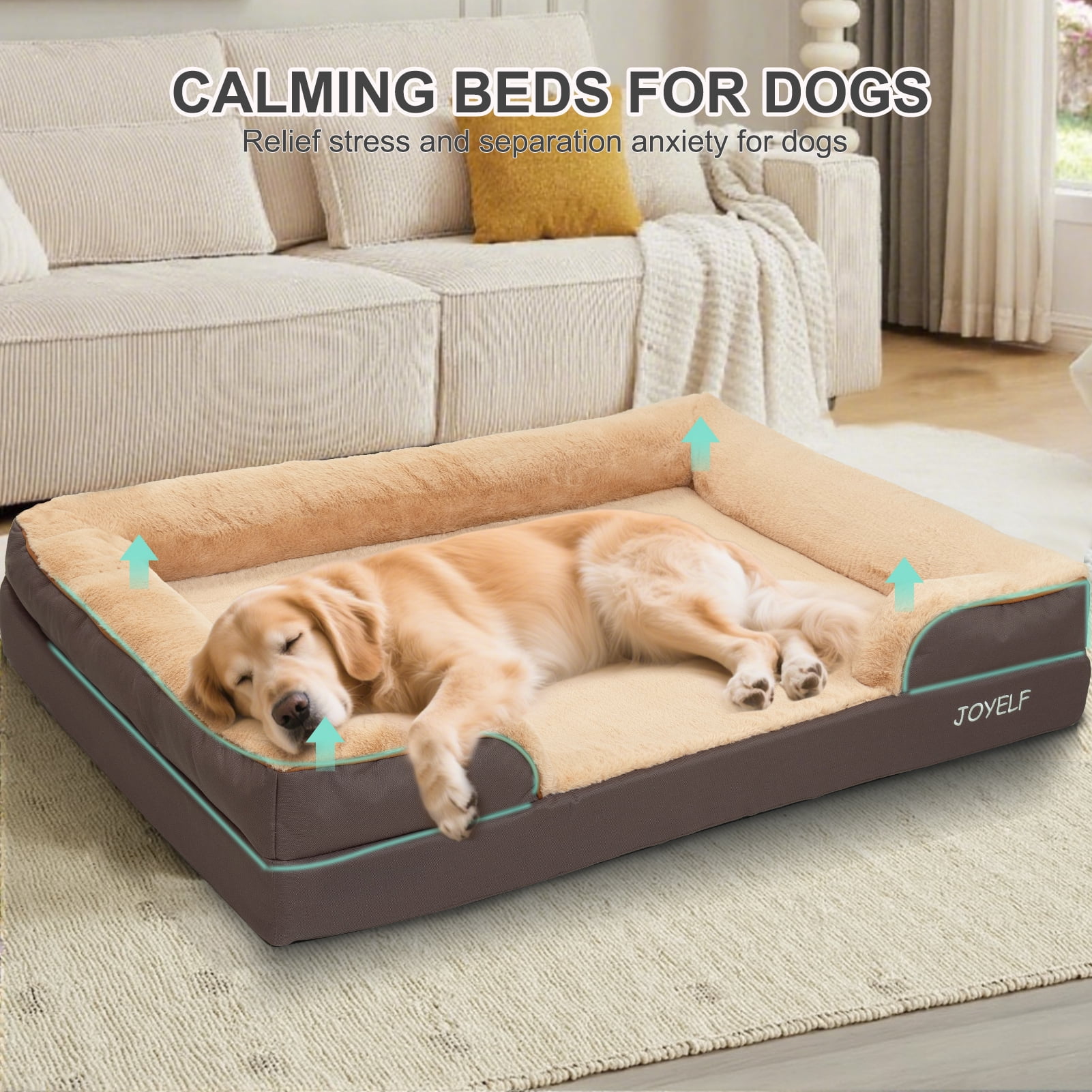 JOYELF Orthopedic Dog Bed for Medium to Large Dogs, Foam Sofa Couch Bed, Bolster Waterproof Pet Bed with Washable Cover and Nonskid Bottom, Durable Dog Bed Couch or Comfortable Sleep