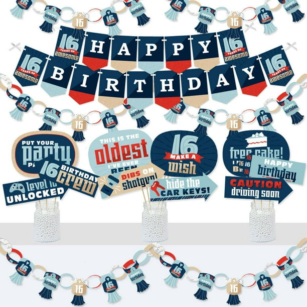 Boy 16th Birthday - Banner and Photo Booth Decorations - Sweet Sixteen  Birthday Party Supplies Kit - Doterrific Bundle - Walmart.com