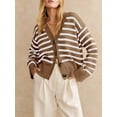 thumbnail image 3 of V Neck Button Down Long Sleeve Open Front Ribbed Knit Outerwear Womens Striped Cardigan Sweaters, 3 of 6