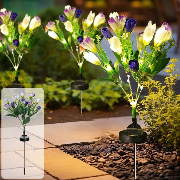 Lámpara solar para exteriores con 5 tulipanes, resistente al agua, con estaca, decorativa de plástico, para jardín y patio.