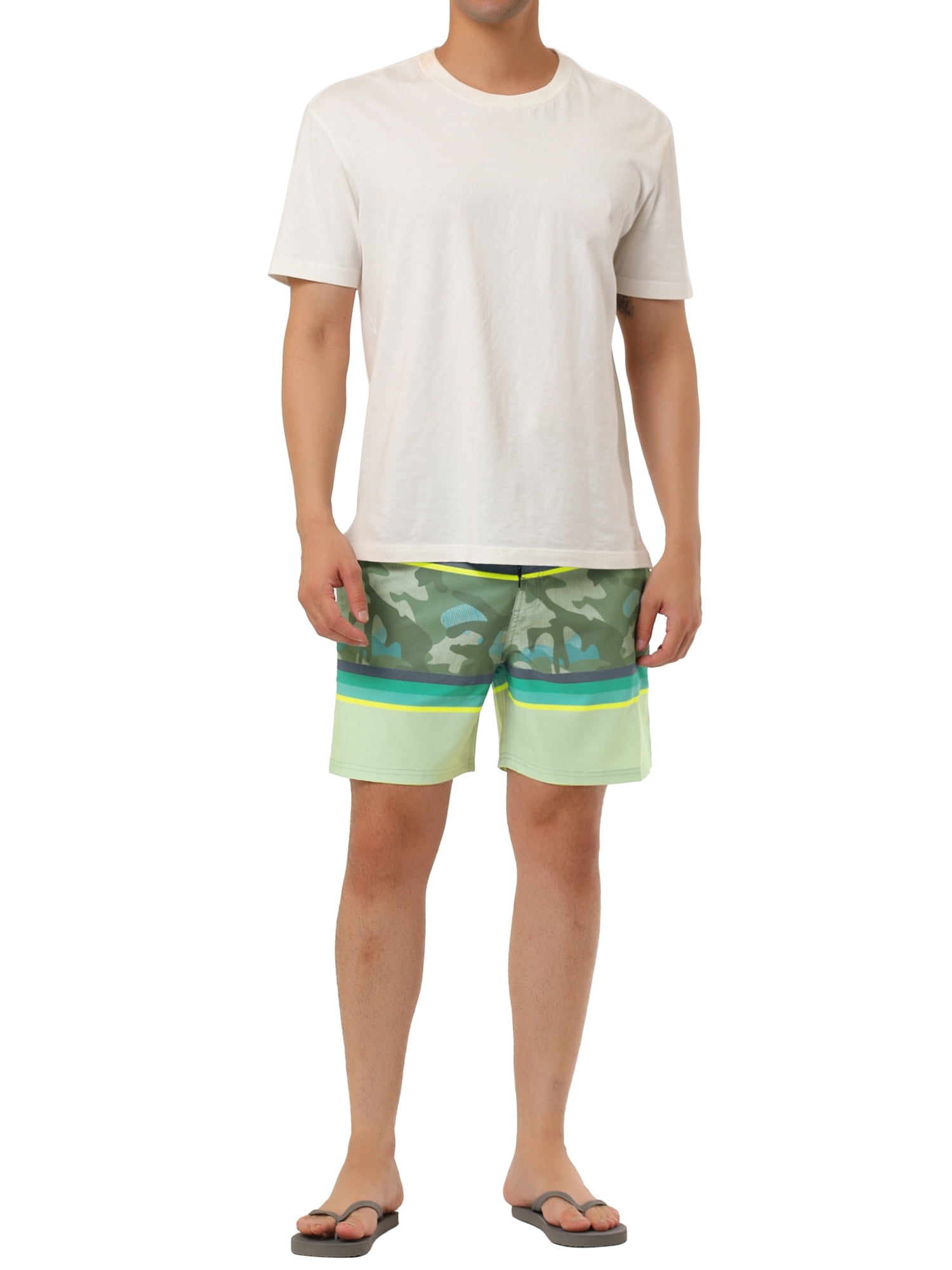 Unique Bargains Men's Summer Beach Drawstring Color Block Printed Swim Board Shorts 32 Beige Camo