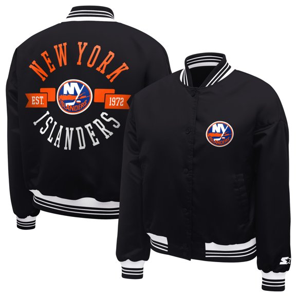 Women's Starter Black New York Islanders Printed Round Team Logo Satin Varsity Full-Snap Jacket