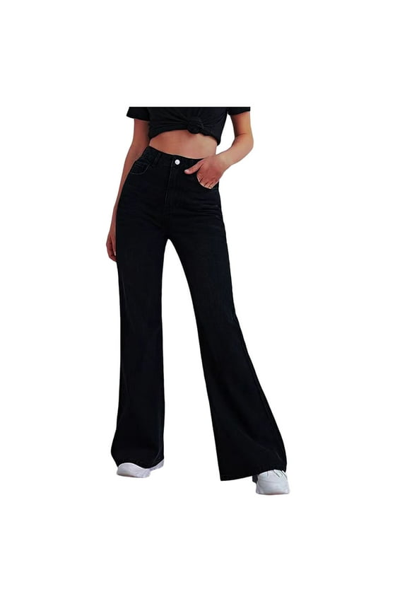 Women Jeans Women's Plus Size Super Flare High Rise Pull On Jeans (Black,XXL)