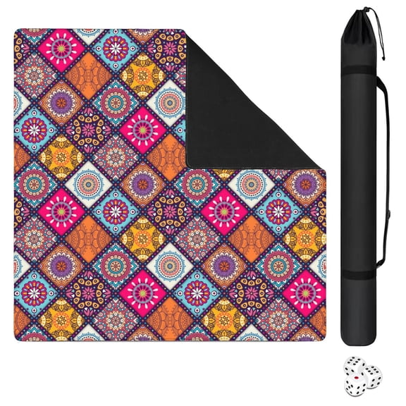 Classic Boho Pattern Non-Skid Mahjong Table Mat 31.5x31.5 Inch Rubber Playing Surface Reduces Noise with Anti-Slip Bottom for Card Games and Game Nights