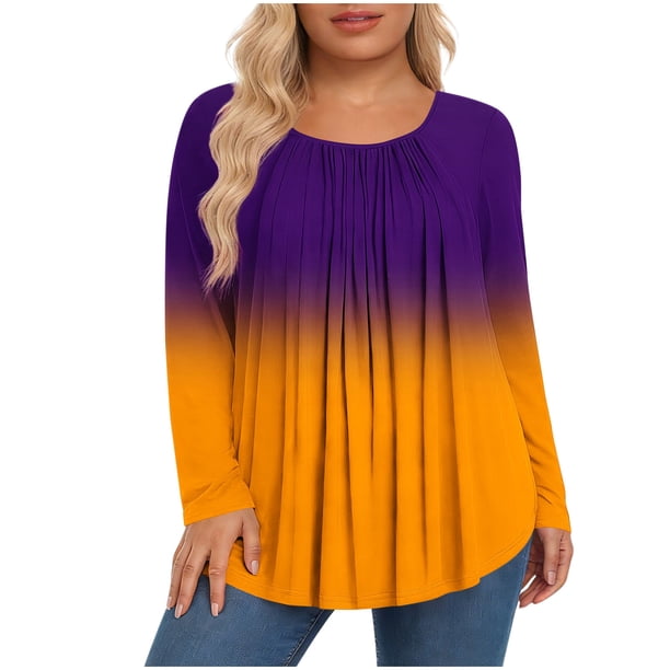 Mujeres de Manga Larga Tops Casual de Moda Gradiente Impresión Cuello Redondo Plegado Tamaño Superior para Uso Diario Y de Fiesta
