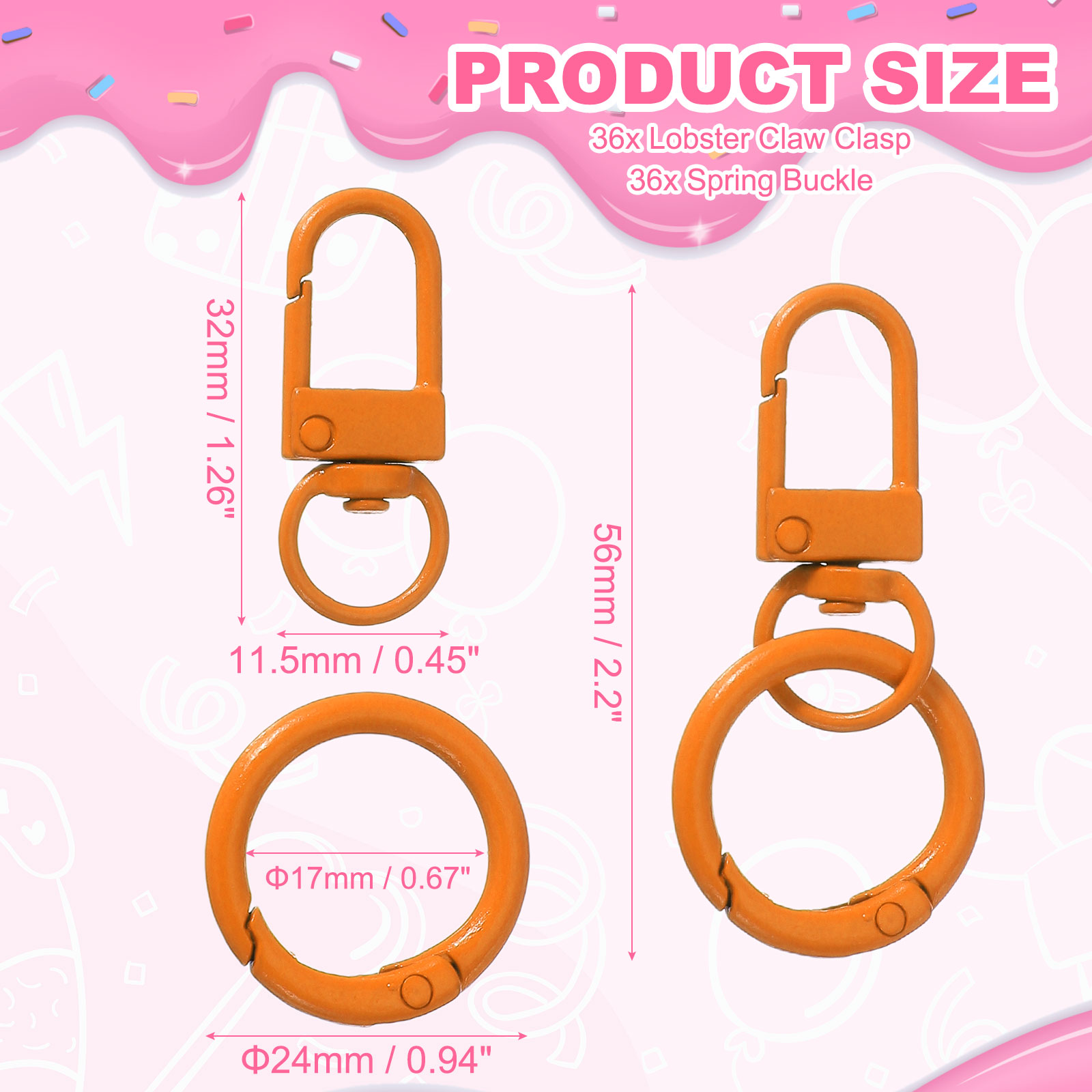 Uxcell 36 Pcs Lobster Claw Clasp, Colorful Metal Keychain Clasp Swivel Hooks with Spring Key Rings Trigger Clips for Bag Door Key Chains DIY Craft Jewelry Making, Orange