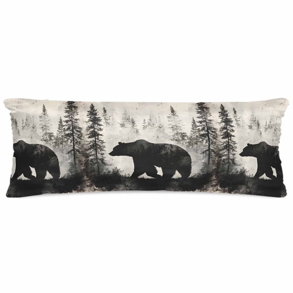 Brown Bear Satin Pillowcase for Hair and Skin with Zipper, Soft Breathable Cooling Silk Pillow Cases, Retro Forest Nature Tree Silhouette Mountain Body Pillow Covers Bed Pillows 20"x54"