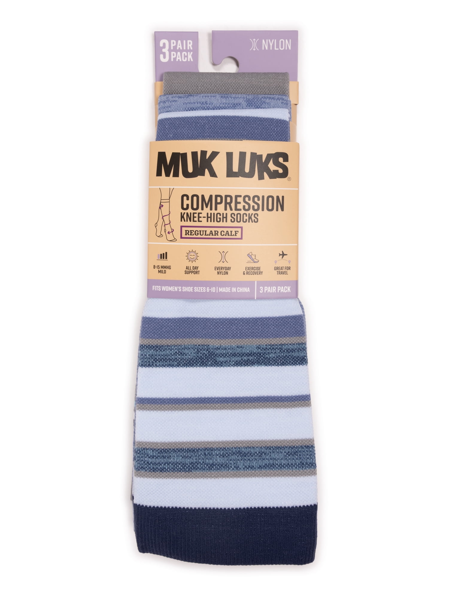 MUK LUKS Women's Wide Width Compression Nylon Knee-High Socks, 3-Pack, Shoe Size 6-10