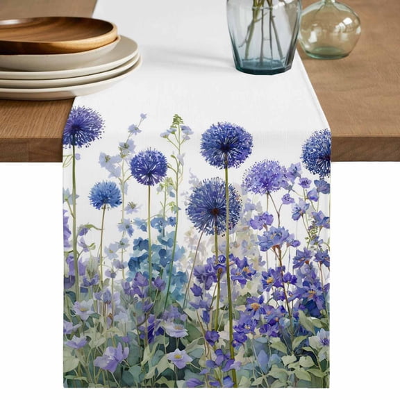 Table Runner 48 Inches Long for Kitchen Dining, Purple Flowers Dresser Scarf Farmhouse, Dining Table Decorations for Wedding/Parties, Spring Garden Floral Leaves Botanical Country 13 x 48 In